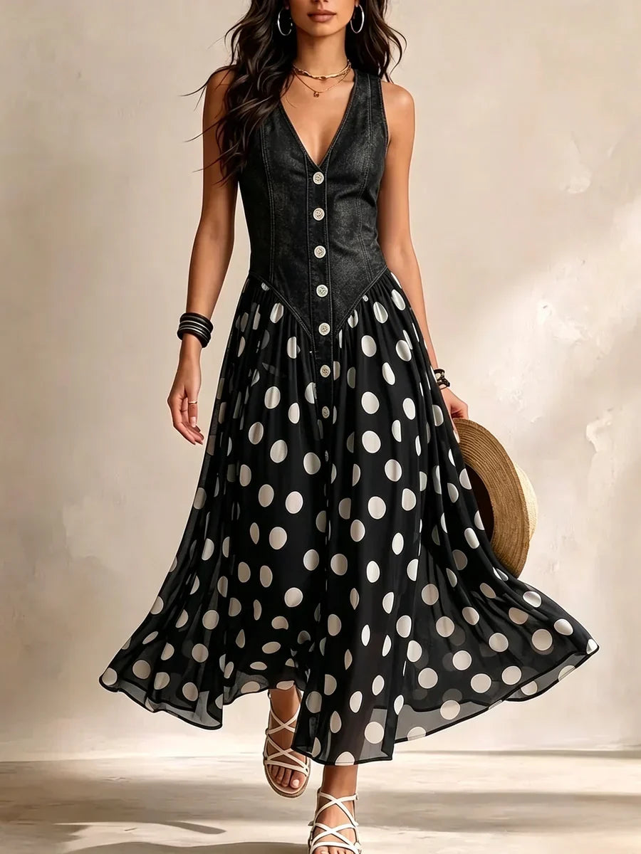 Adeline |Denim Polka Dot Dress