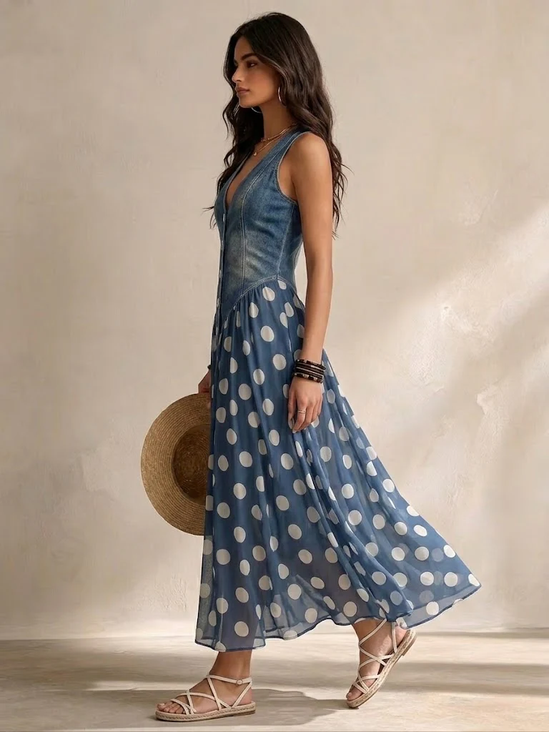 Adeline |Denim Polka Dot Dress