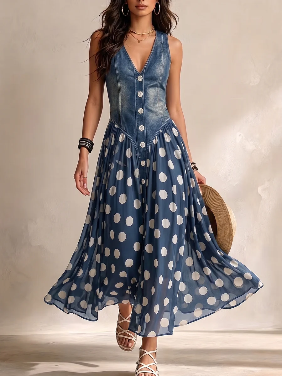 Adeline |Denim Polka Dot Dress