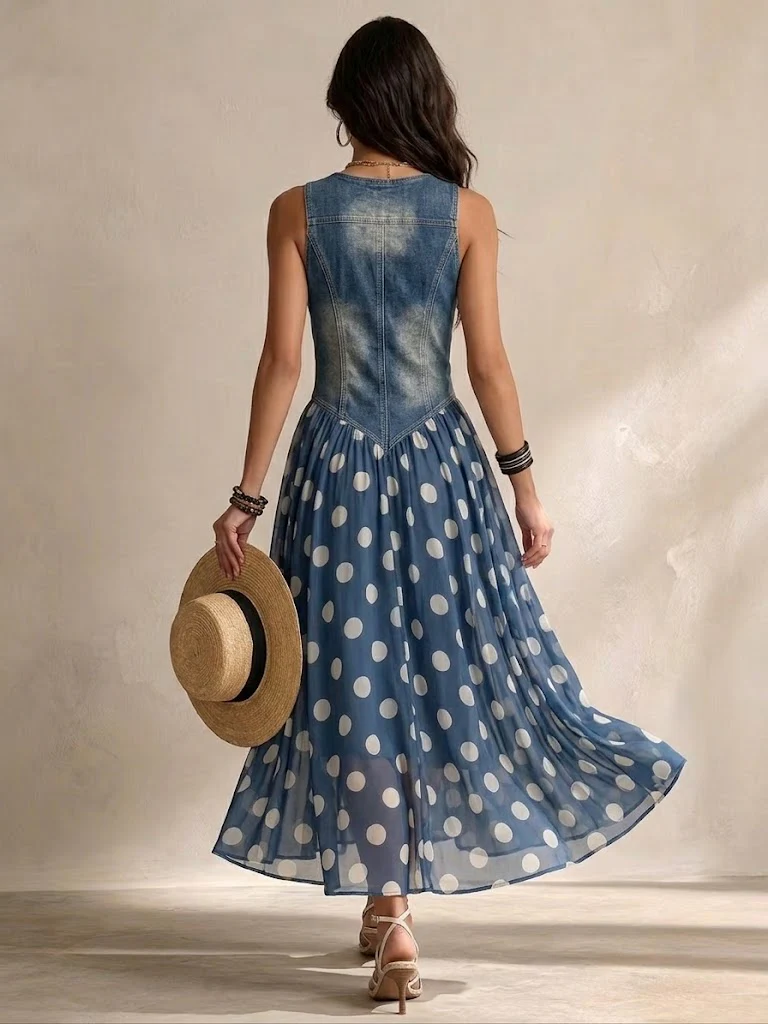 Adeline |Denim Polka Dot Dress