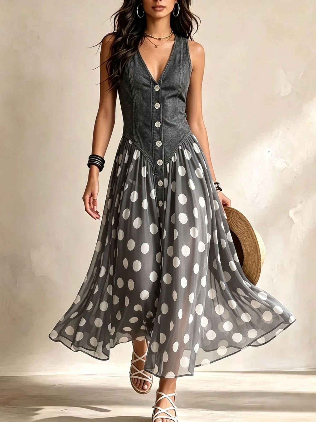 Adeline |Denim Polka Dot Dress
