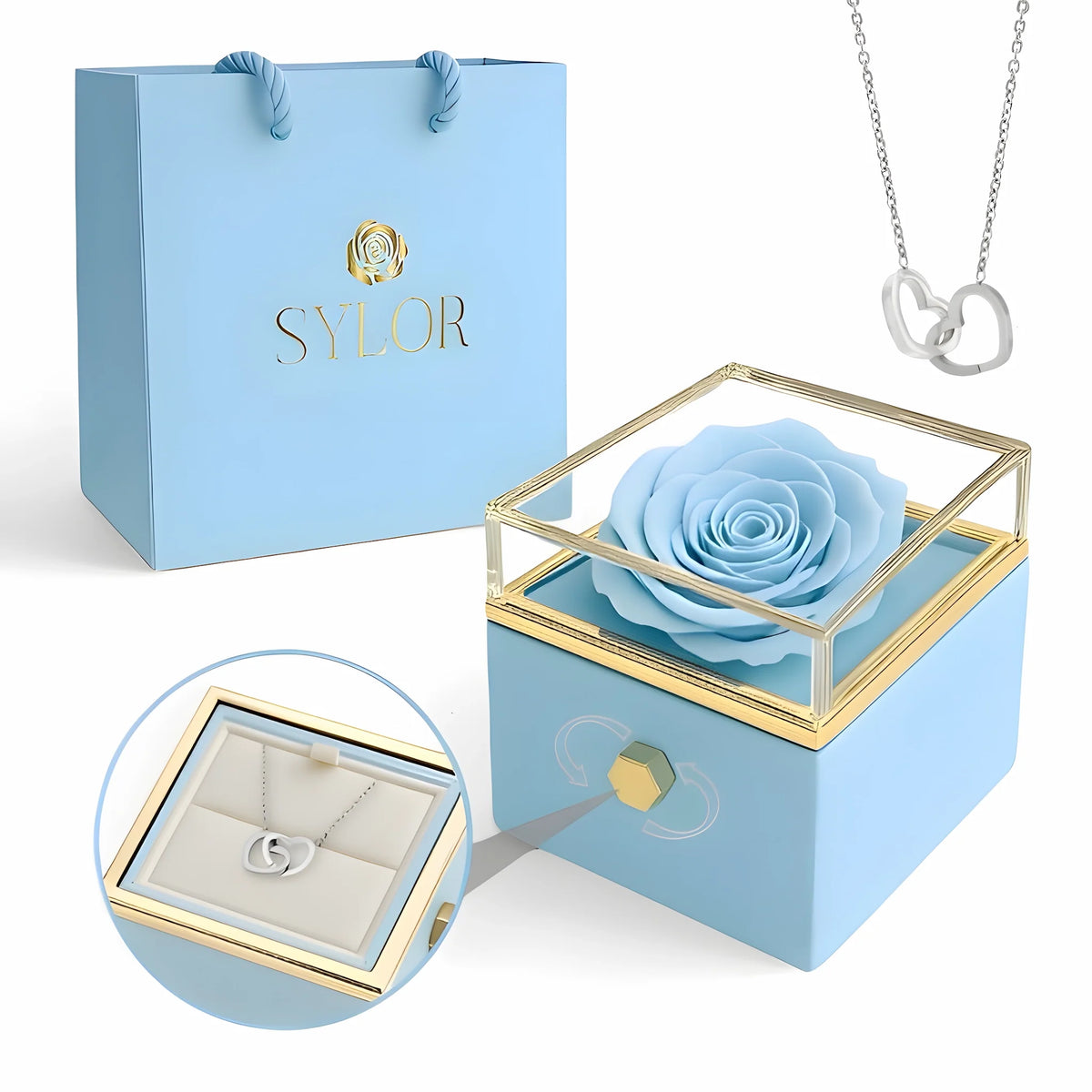 Caja de Rosa Eterna | Rosa Real y Collar Personalizado en Oro 18k