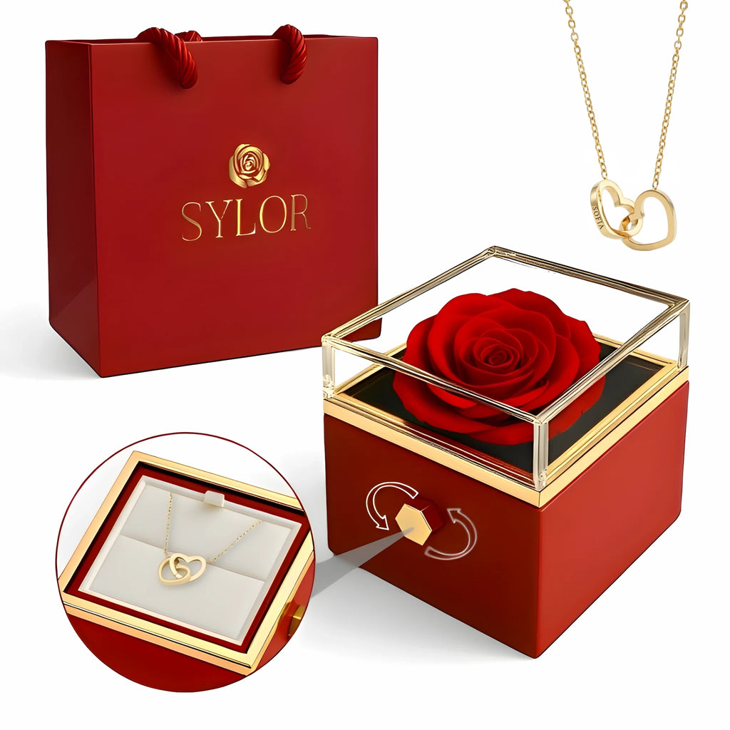 Caja de Rosa Eterna | Rosa Real y Collar Personalizado en Oro 18k