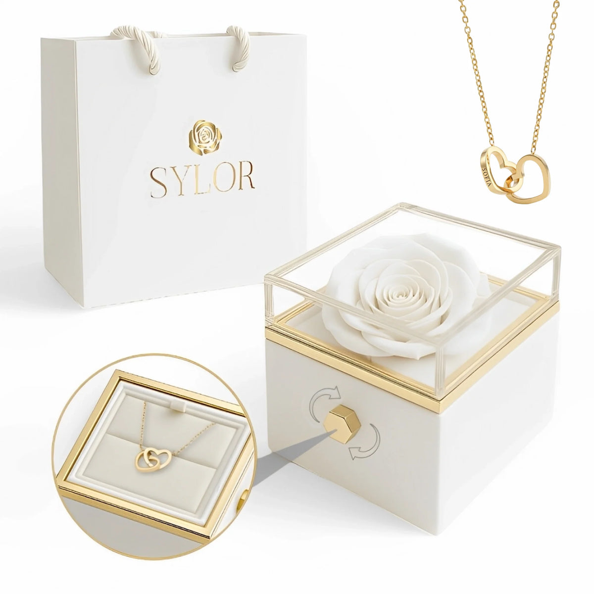 Caja de Rosa Eterna | Rosa Real y Collar Personalizado en Oro 18k